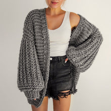 Load image into Gallery viewer, chunky cardigan knit cardigans women sweater sweaters oversized womens front knitted puff sleeve bubble pom bell long balloon sweatshirt trendy popcorn oversize lantern puffy fluffy sleeves drop shoulder beige cream tan dark grey white brown woman