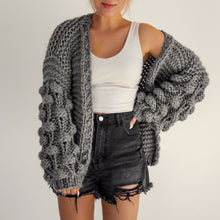 Load image into Gallery viewer, chunky cardigan knit cardigans women sweater sweaters oversized womens front knitted puff sleeve bubble pom bell long balloon sweatshirt trendy popcorn oversize lantern puffy fluffy sleeves drop shoulder beige cream tan dark grey white brown woman