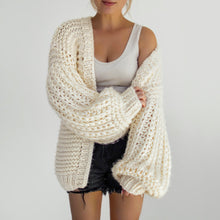 Load image into Gallery viewer, chunky cardigan knit cardigans women sweater sweaters oversized womens front knitted puff sleeve bubble pom bell long balloon sweatshirt trendy popcorn oversize lantern puffy fluffy sleeves drop shoulder beige cream tan dark grey white brown woman