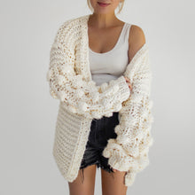 Load image into Gallery viewer, chunky cardigan knit cardigans women sweater sweaters oversized womens front knitted puff sleeve bubble pom bell long balloon sweatshirt trendy popcorn oversize lantern puffy fluffy sleeves drop shoulder beige cream tan dark grey white brown woman