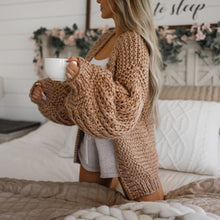 Load image into Gallery viewer, chunky cardigan knit cardigans women sweater sweaters oversized womens front knitted puff sleeve bubble pom bell long balloon sweatshirt trendy popcorn oversize lantern puffy fluffy sleeves drop shoulder beige cream tan dark grey white brown woman