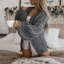 Load image into Gallery viewer, chunky cardigan knit cardigans women sweater sweaters oversized womens front knitted puff sleeve bubble pom bell long balloon sweatshirt trendy popcorn oversize lantern puffy fluffy sleeves drop shoulder beige cream tan dark grey white brown woman

